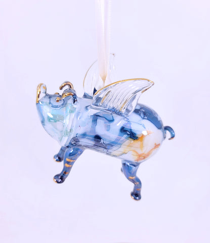 Blue Ceramic Flying Pig Ornament