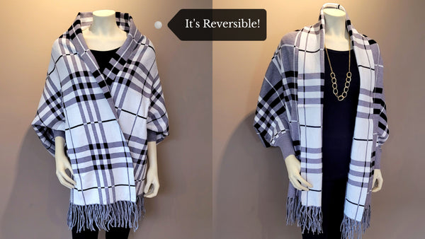 Plaid Sleeved Shawl in gray paired with our Gold Link Long Necklace (104199)