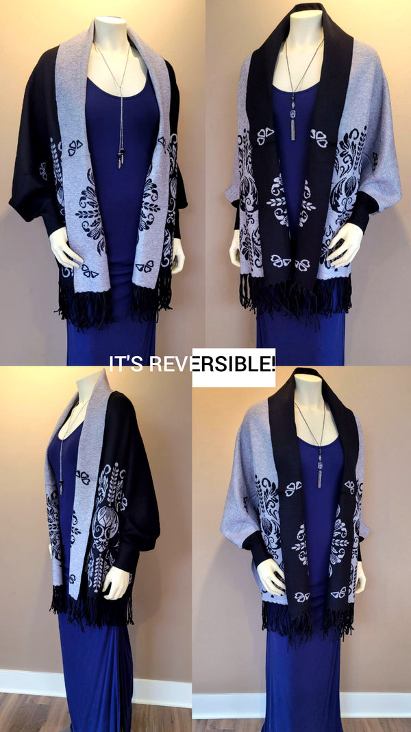 Floral Scroll Sleeved Shawl in gray paired with our Adorable Heirloom Necklace (105460; upper & lower left photos) and our Prism Rose Necklace (105522; upper & lower right photos)