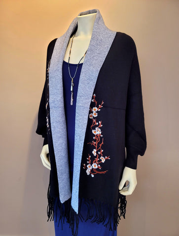 Embroidered Sleeved Shawl pictured with our Stormy Mixed Crystal Necklace (107197)
