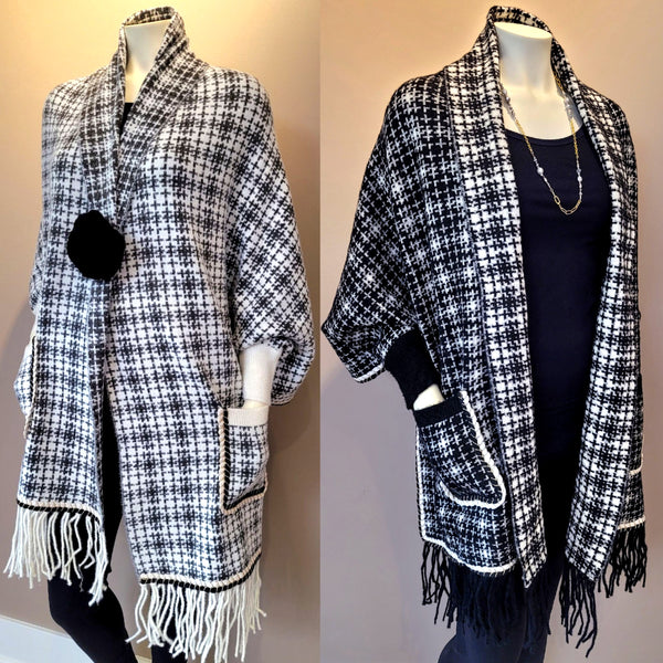 Golden Thread Sleeved Shawl available in ivory (left) pictured with Rhoda's Roses Black Brooch (101404) and black (right) pictured with The Gatsby Necklace (106718)