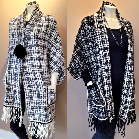 Golden Thread Sleeved Shawl available in ivory (left) pictured with Rhoda's Roses Black Brooch (101404) and black (right) pictured with The Gatsby Necklace (106718)