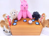 Mini Hexagon Plates pictured with one of our Cake Shop Minis (108621), our Small Stuffed Alpaca Vicunas (105573, sitting and standing versions), one of our Small Felt Sheep (108430), a pink Bunny with Buttons (108068), and one of our Black Wood Frogs (102346)