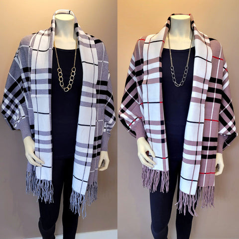 Plaid Sleeved Shawl available in gray (left) and pictured with our Gold Link Long Necklace (104199) and taupe (right) pictured with our Silver Link Long Necklace (105521)