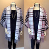 Plaid Sleeved Shawl available in gray (left) and pictured with our Gold Link Long Necklace (104199) and taupe (right) pictured with our Silver Link Long Necklace (105521)