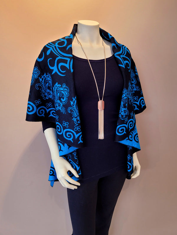 Aqua Blue/Black Print Shawl paired with our Gold and Silver Toned Layered Necklace