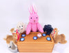 Mini Hexagon Plates pictured with one of our Cake Shop Minis (108621), our Small Stuffed Alpaca Vicunas (105573, sitting and standing versions), one of our Small Felt Sheep (108430), a pink Bunny with Buttons (108068), and one of our Black Wood Frogs (102346)