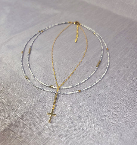 White Rondelle Cross Necklace