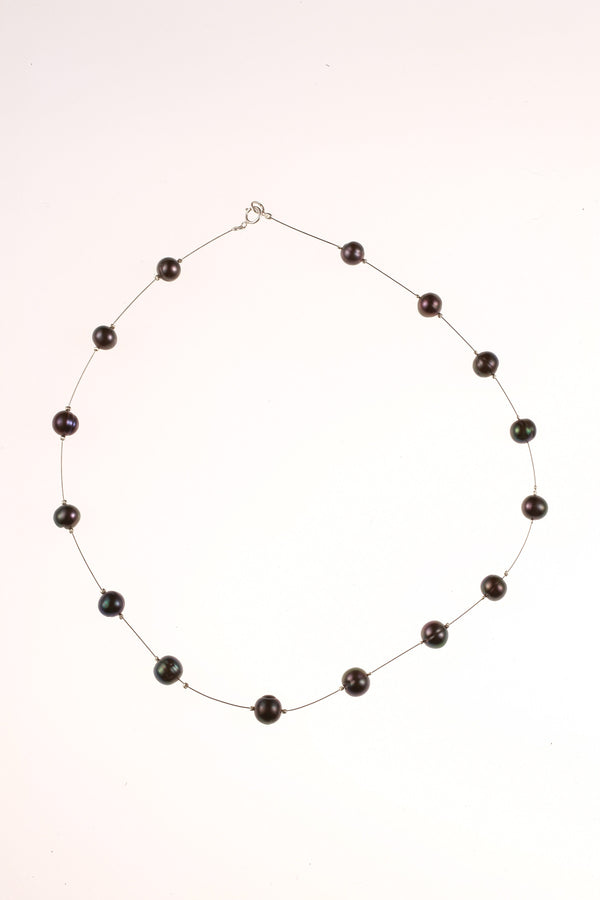 Pearl Spaced Floater Black Necklace