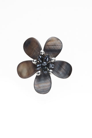 Shell & Crystal Flower Black Brooch