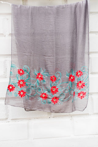 Grey with Red Embroidery Scarf