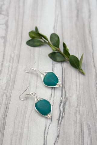 Teal Wrapped Sea Glass Earrings for Women - Jewelry - WAR Chest Boutique