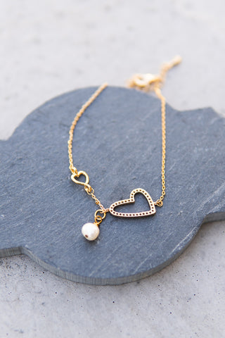 Gold Heart Pearl Bracelet