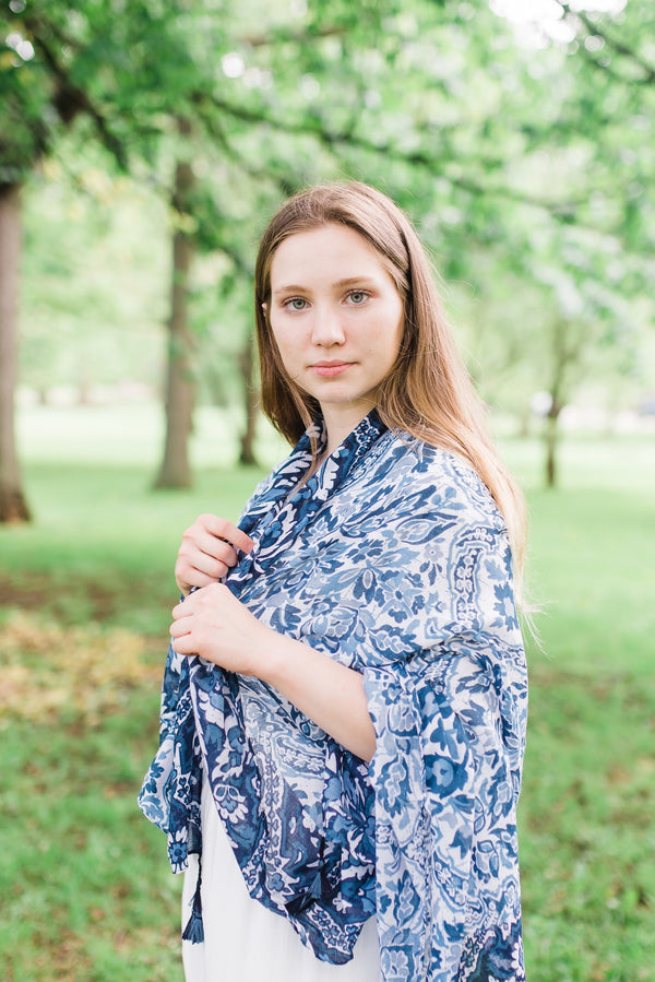Blue and White Flower Scarf for Women - Accessories - WAR Chest Boutique