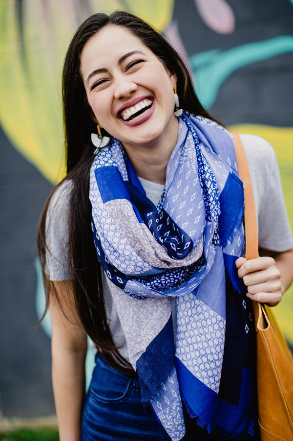 Blue and Tan Block Scarf for Women - Accessories - WAR Chest Boutique