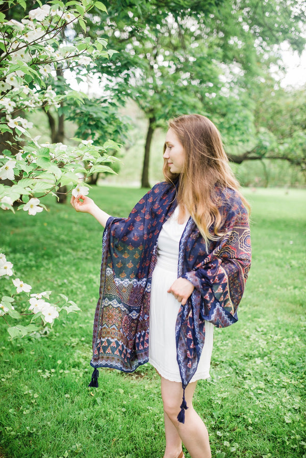 Navy and Tan Paisley Scarf for Women - Accessories - WAR Chest Boutique