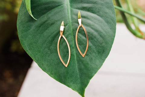 Gold Oval Leaf Shape Earrings