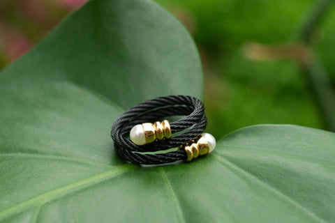 Black Wire Ring with Pearl End