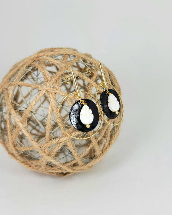 Black Shell and Leaf Earrings