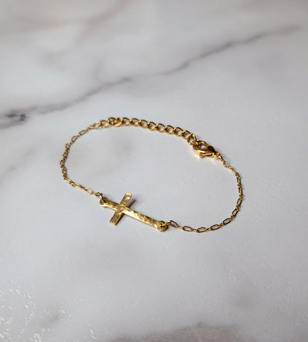 Hammered Gold Cross Bracelet